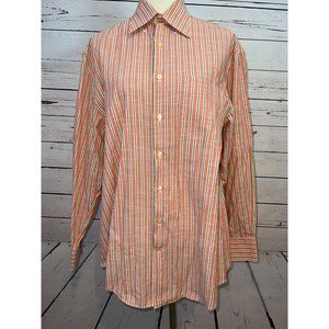 Peter Millar Shirt Medium Orange Stripe Button Front Mens Cotton Long‎ Sleeve